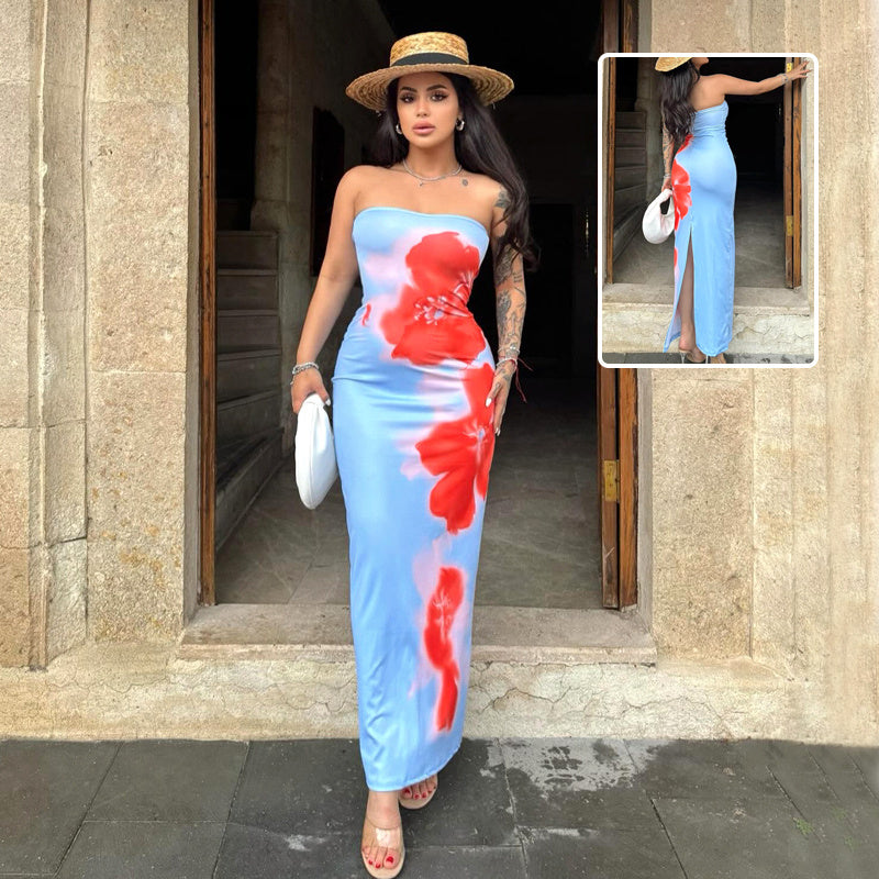 Slim Slit Tube Long Dress Summer Sexy Pint Party Beach Dresses Women's Clothing - Nyaabs