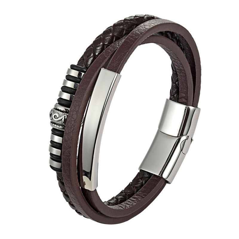 Stainless Steel Leather Bracelet Men Hand Woven - Nyaabs