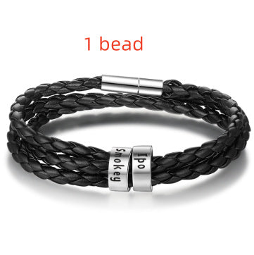 Personalized Mens Braided Genuine Leather Bracelet Stainless Steel Custom Beads Name Charm Bracelet For Men With Family Names - Nyaabs