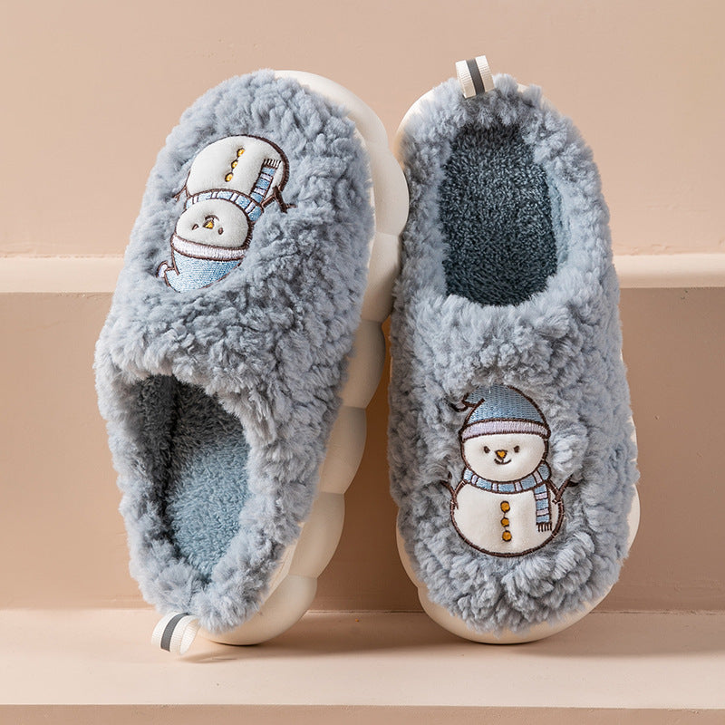 Cute Snowman Slippers Winter Indoor Household Warm Plush Thick-Soled Anti-slip Couple Home Slipper Soft Floor Bedroom House Shoes - Nyaabs