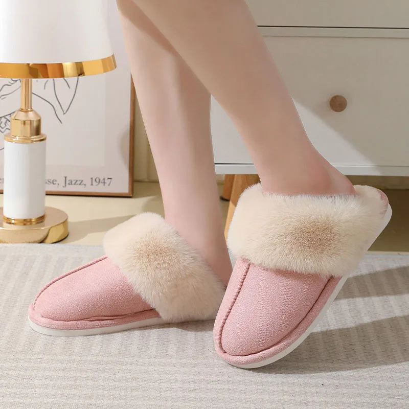 Winter Warm Plush Home Slippers Indoor Fur Slippers Women Soft Lined Cotton Shoes Comfy Non-Slip Bedroom Fuzzy House Shoes Women Couple - Nyaabs