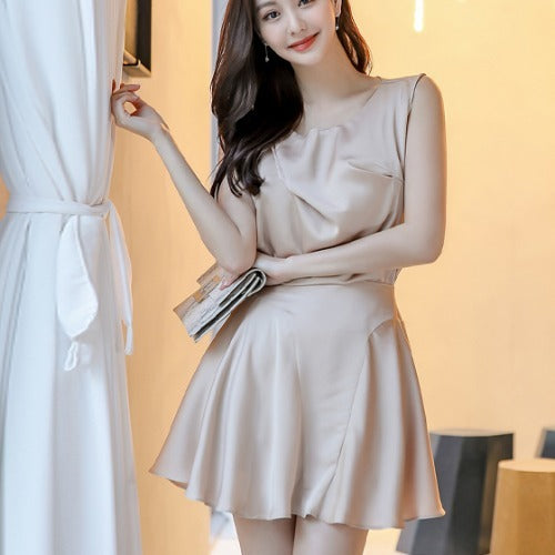 Round Neck Pleated Sleeveless Top Plus Side Swing A- Line Skirt Two-piece Set For Women - Nyaabs