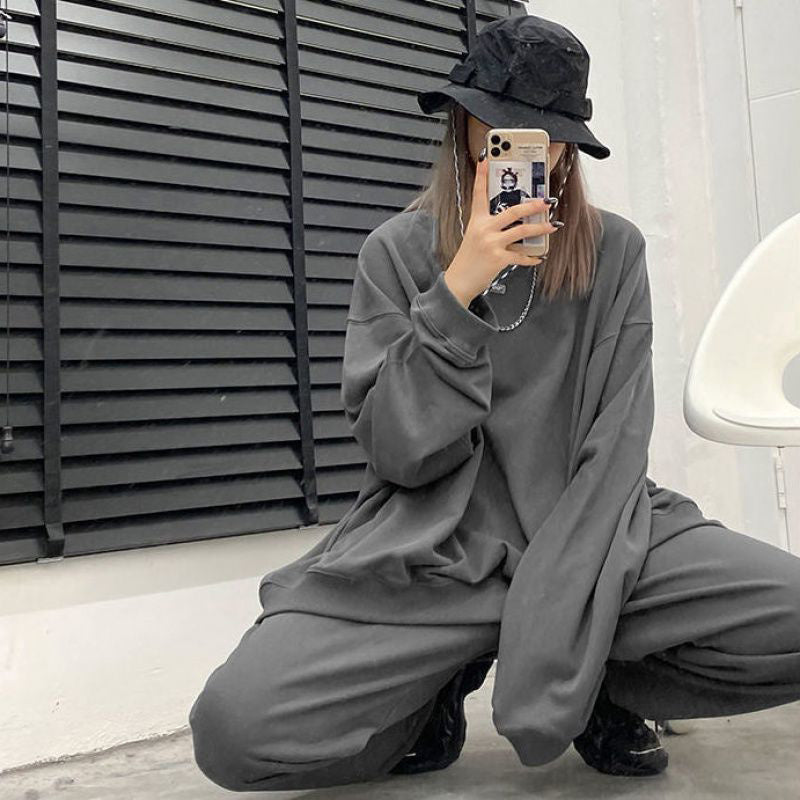 Casual Sports Suit Long Sleeve Loose T-shirt High Waist Pants - Nyaabs