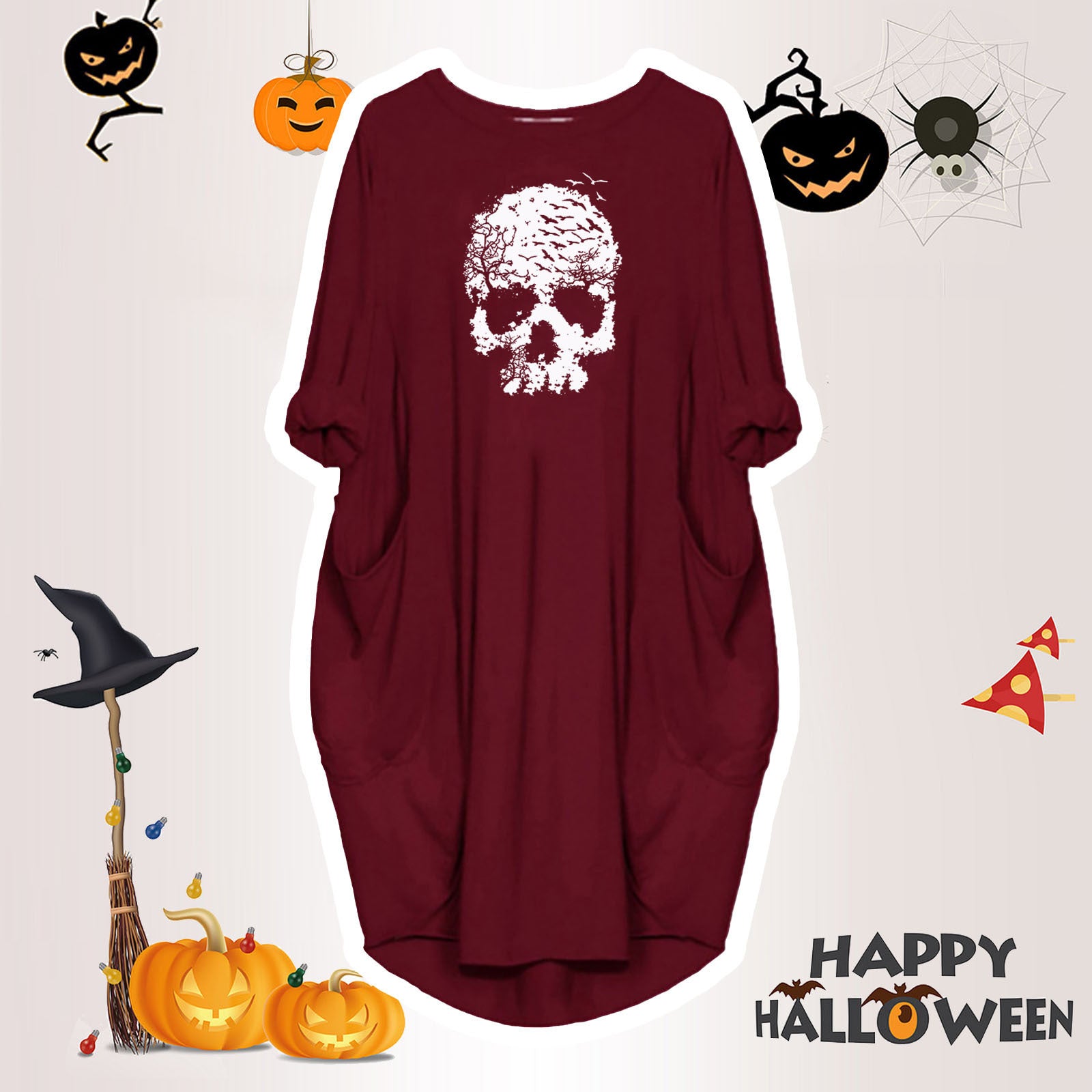 Women's Halloween Loose Fun Graphic Print Crew Neck Dress nyaabs.com