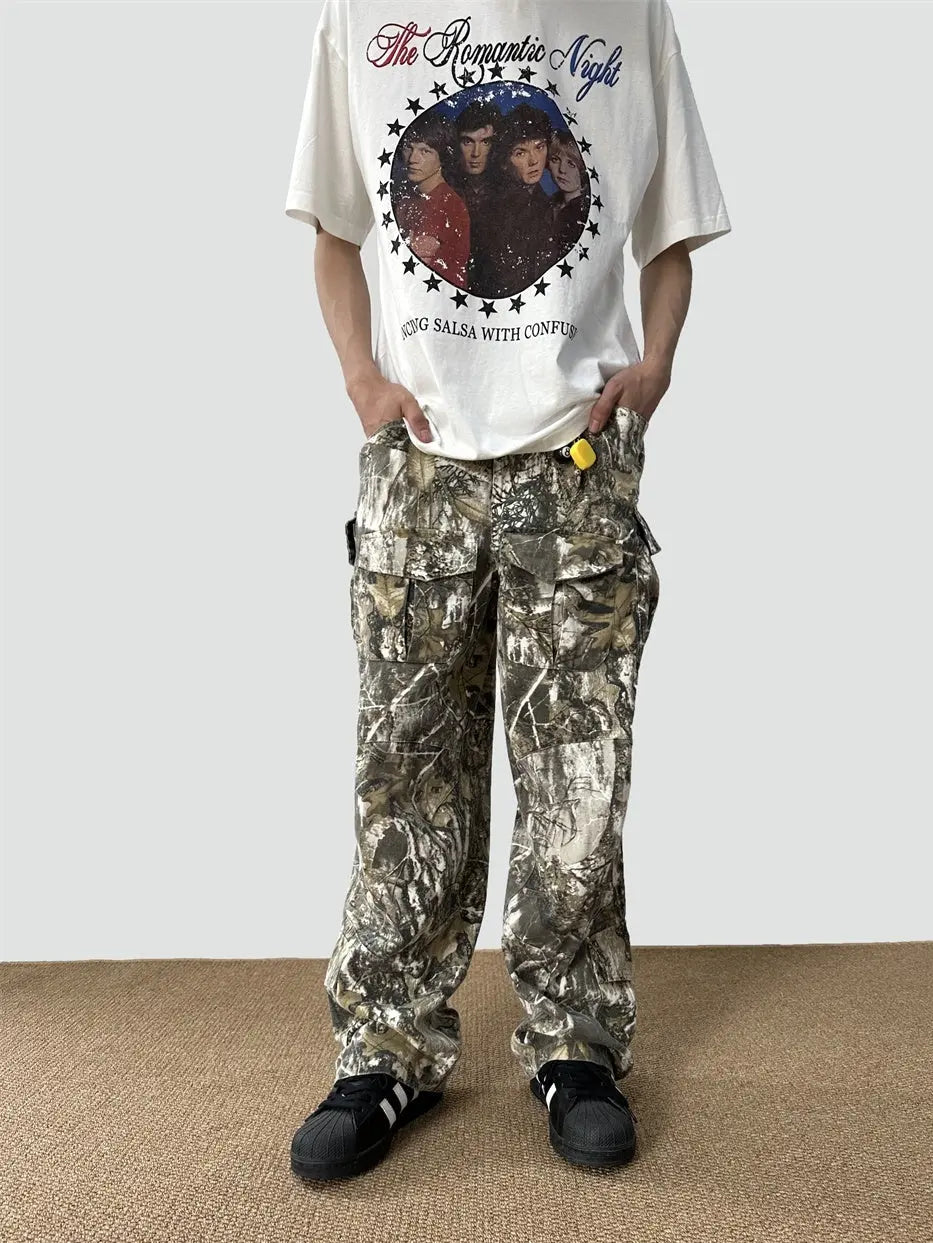 Loose Straight Tree Worn Looking Washed-out Camouflage Printed Overalls - Nyaabs