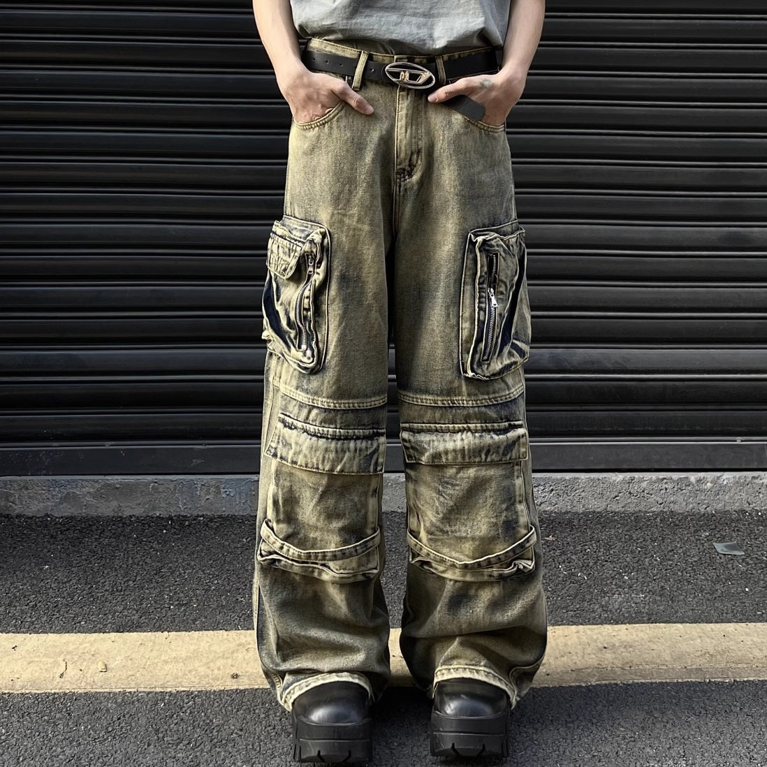 Retro Large Workwear With Pocket Wide Leg Jeans - Nyaabs