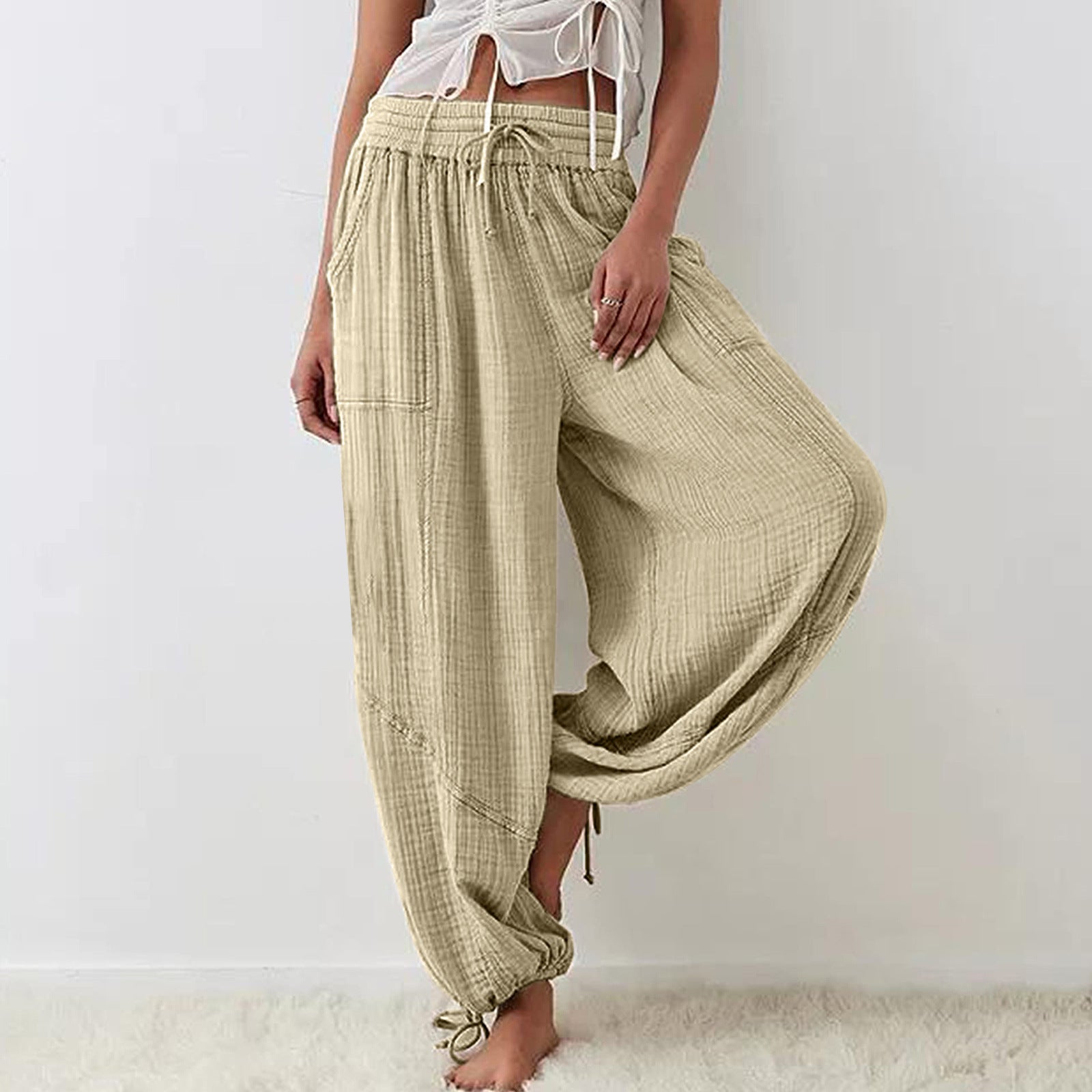 Women's Fashion Solid Color Lace-up Pocket Wide Leg Pants - Nyaabs