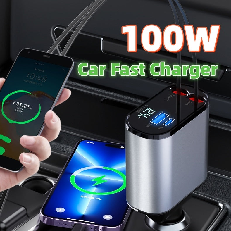 Metal Car Charger 100W Super Fast Charging Car Cigarette Lighter USB And TYPE-C Adapter - Nyaabs