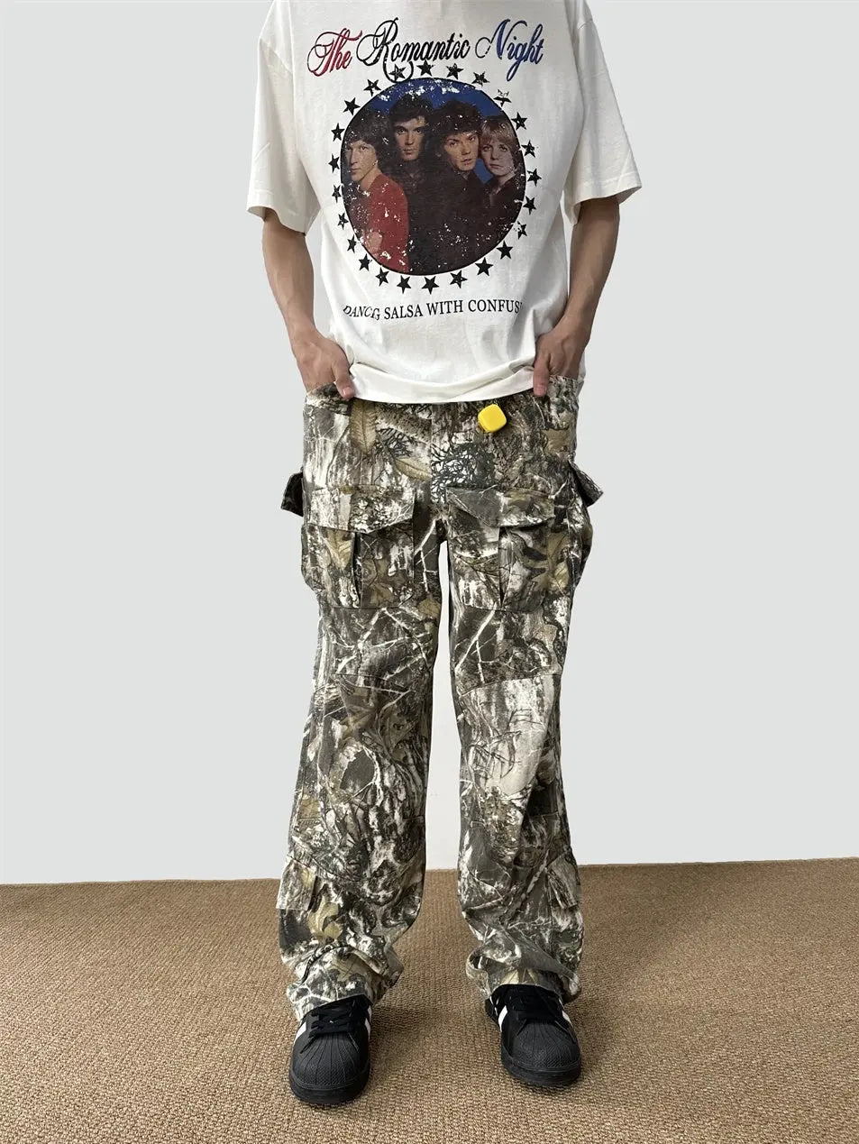 Loose Straight Tree Worn Looking Washed-out Camouflage Printed Overalls - Nyaabs