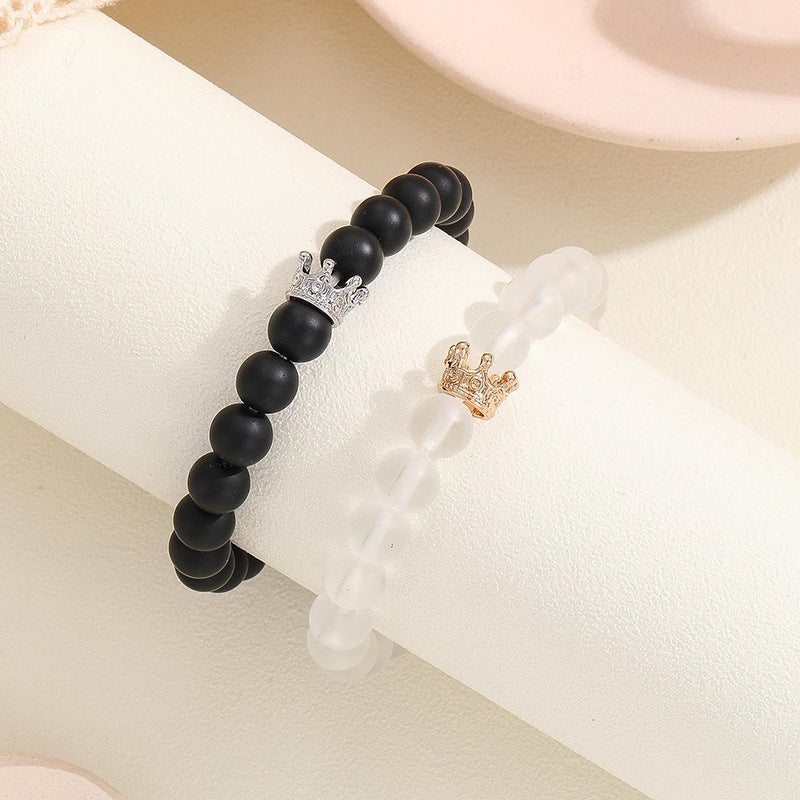 Fashion Jewelry 2pcs Handmade Crown Beaded Charms Bracelet Luminou Heart Glow In The Dark Couple Bracelet For Lover Men Women Fluorescent Gift - Nyaabs