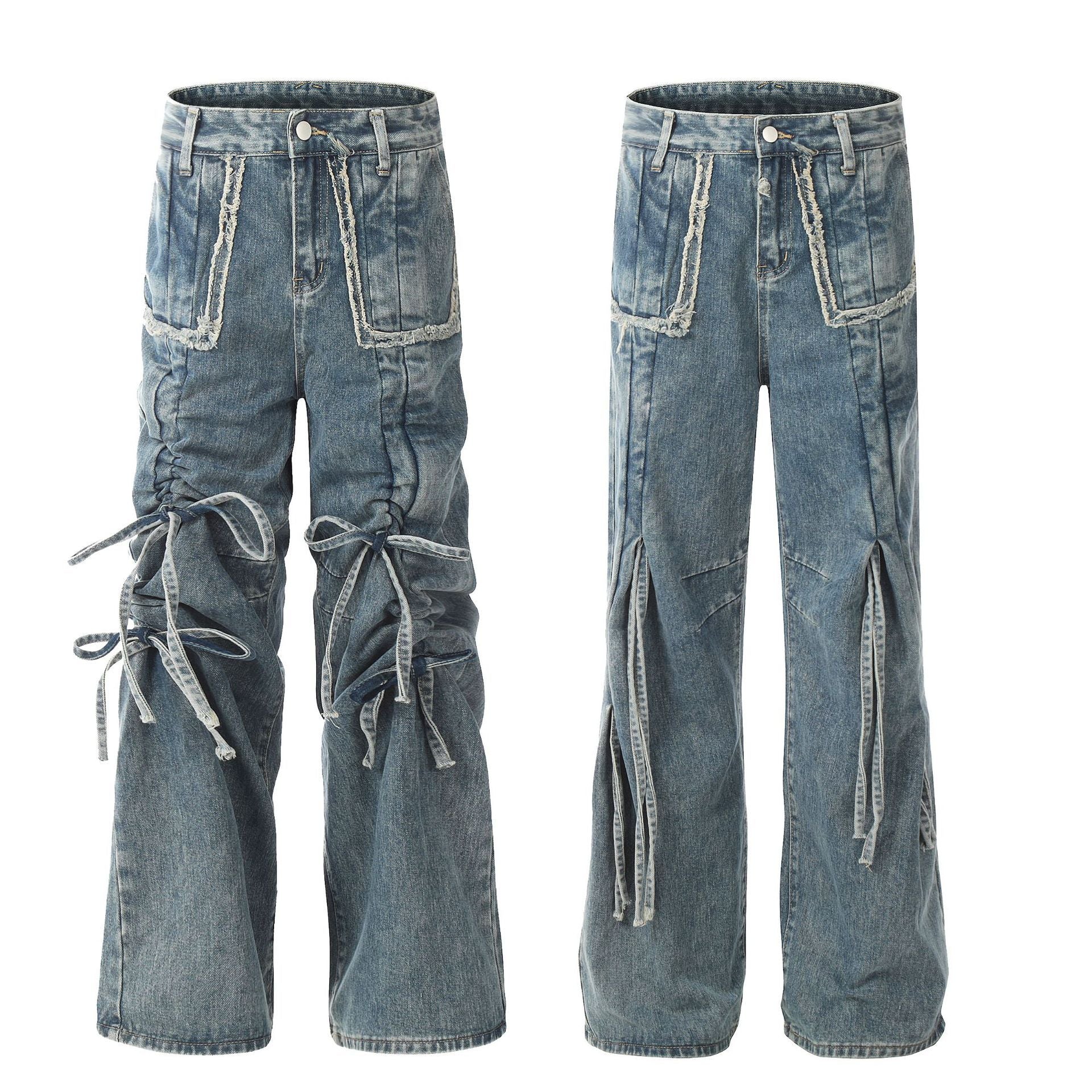 Drawstring Ruffle Design Sense Denim Trousers Men - Nyaabs