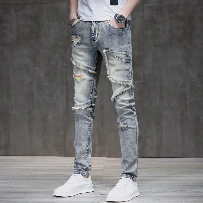 Distressed Raw Hem Ripped Stitching Stretch Denim Trousers - Nyaabs