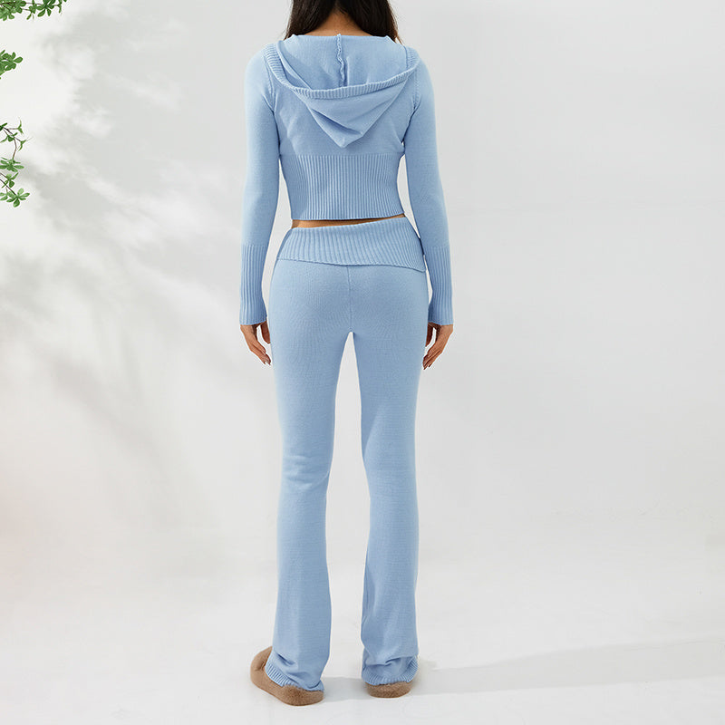 Hoodie Suit Women Leisure Sexy Zip Long Sleeve Sweater And High Waist Long Pants Set - Nyaabs