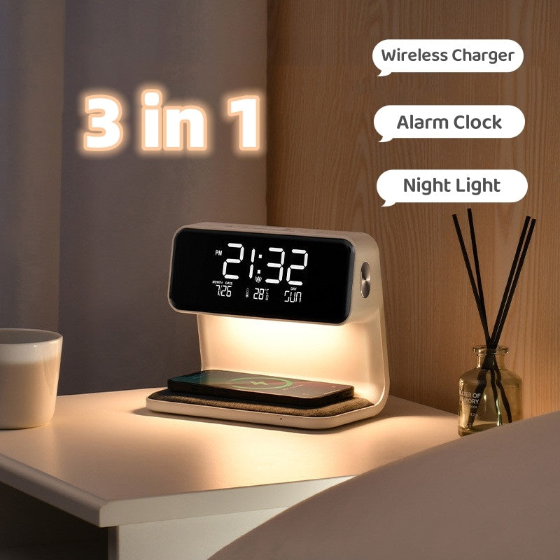 Creative 3 In 1 Bedside Lamp Wireless Charging LCD Screen Alarm Clock  Wireless Phone Charger nyaabs.com