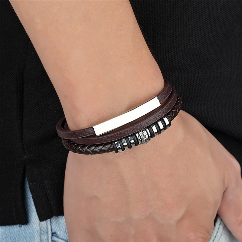 Stainless Steel Leather Bracelet Men Hand Woven - Nyaabs