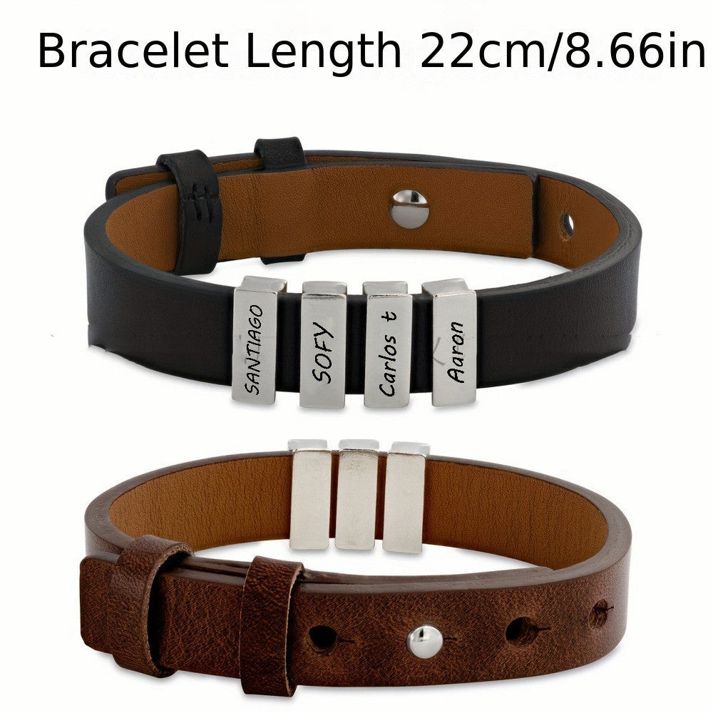 Customized Family Names Bracelet For Men Personalized Engraved Stainless Steel Beads Leather Bracelets Bangle Father's Day Gifts - Nyaabs