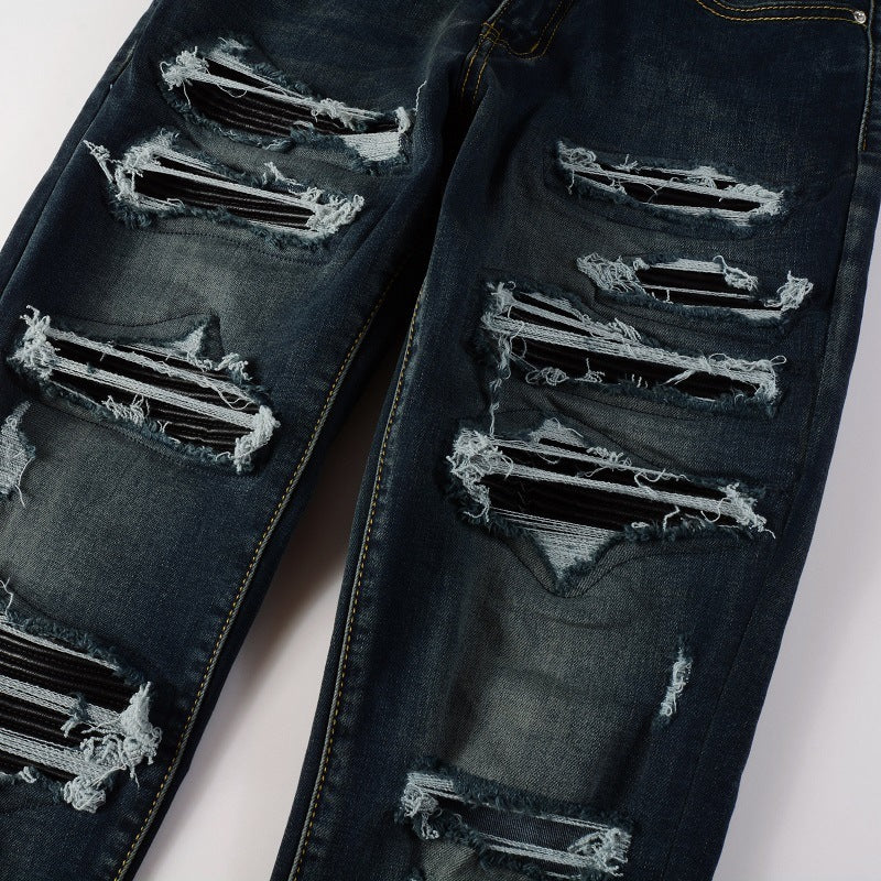 European And American High Street Jeans Blue Ripped Leather Patchwork - Nyaabs