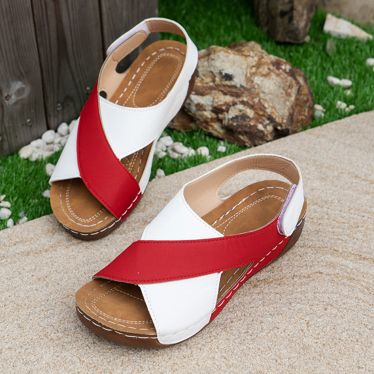 Summer Wedges Sandals With Colorblock Cross-strap Design Casual Thick-soled Roman Shoes For Women - Nyaabs