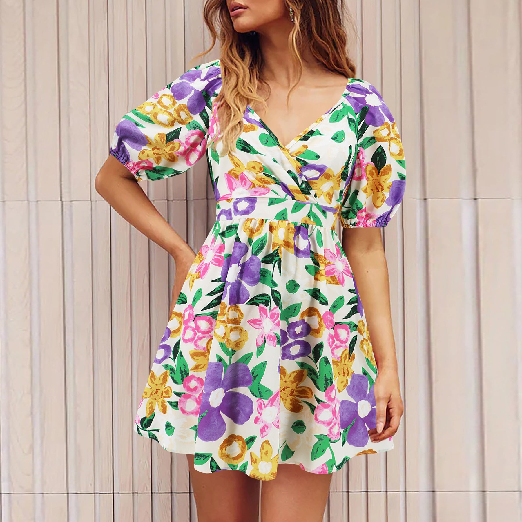 Flowers Print V-Neck Lantern-sleeve Dress Y2K Summer Vacation Beach Short Dresses Fashion Womens Clothing - Nyaabs