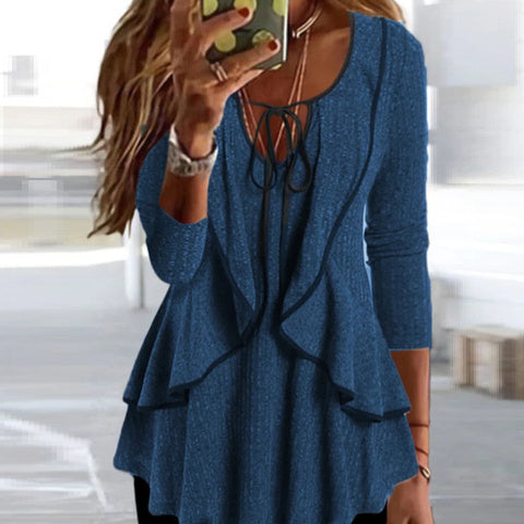 V-neck Lace-up Ruffled Temperament Commute Casual Long-sleeved Top nyaabs.com