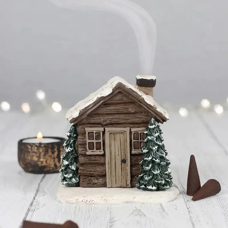 Log Cabin Incense Burner Rustic Christmas Chimney Hut Incense Cone Burner Collectible Resin Statue Table - Nyaabs