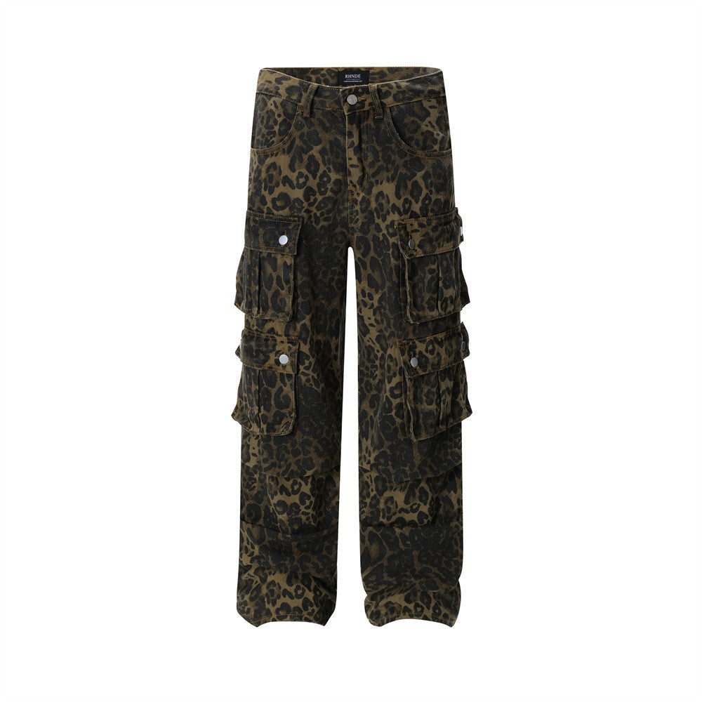 Men's Punk Distressed Pleated Leopard Jeans - Nyaabs