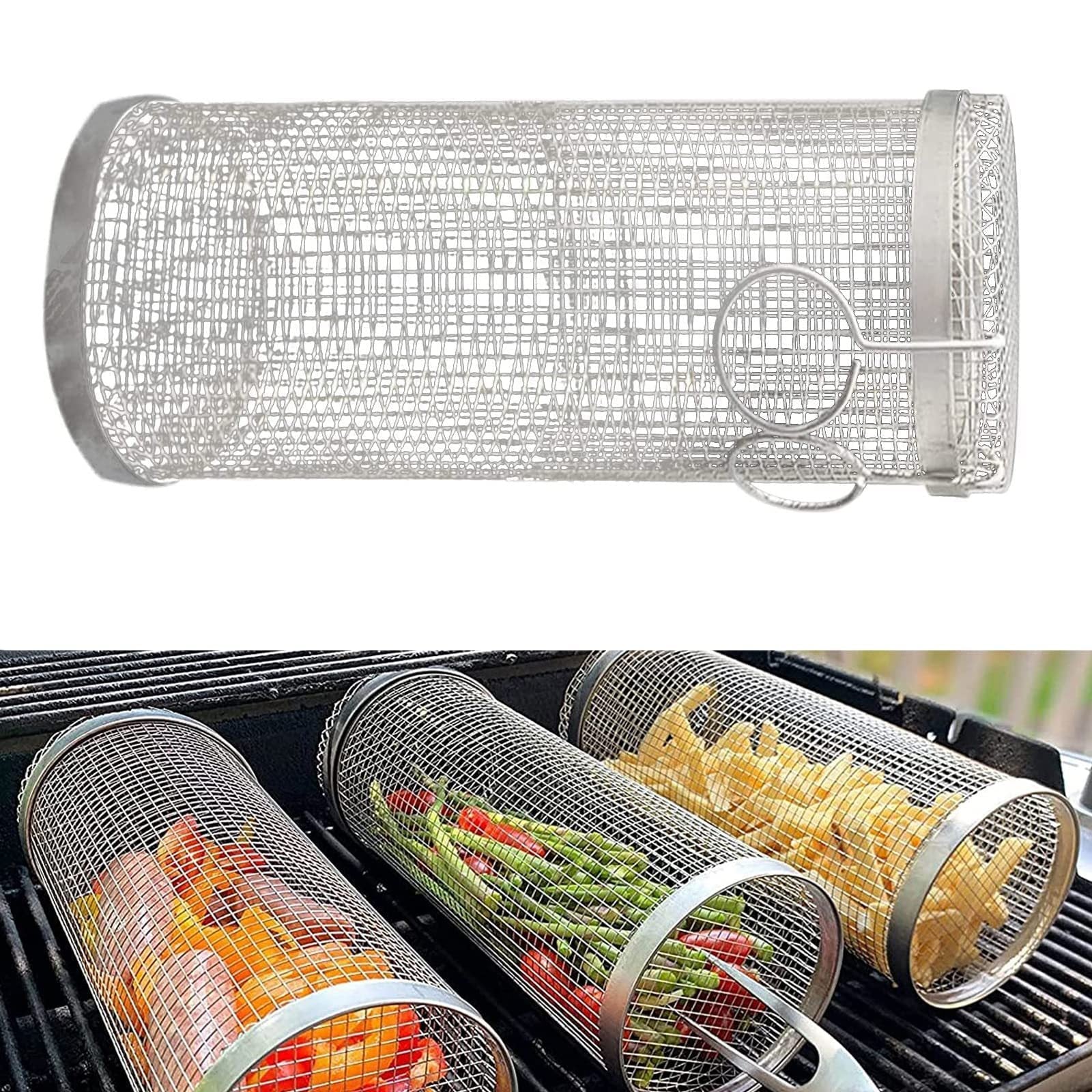 Rolling Grilling Basket Metal BBQ Barbecue Basket Net Portable Outdoor Camping Barbecue Rack Kitchen Gadgets nyaabs.com