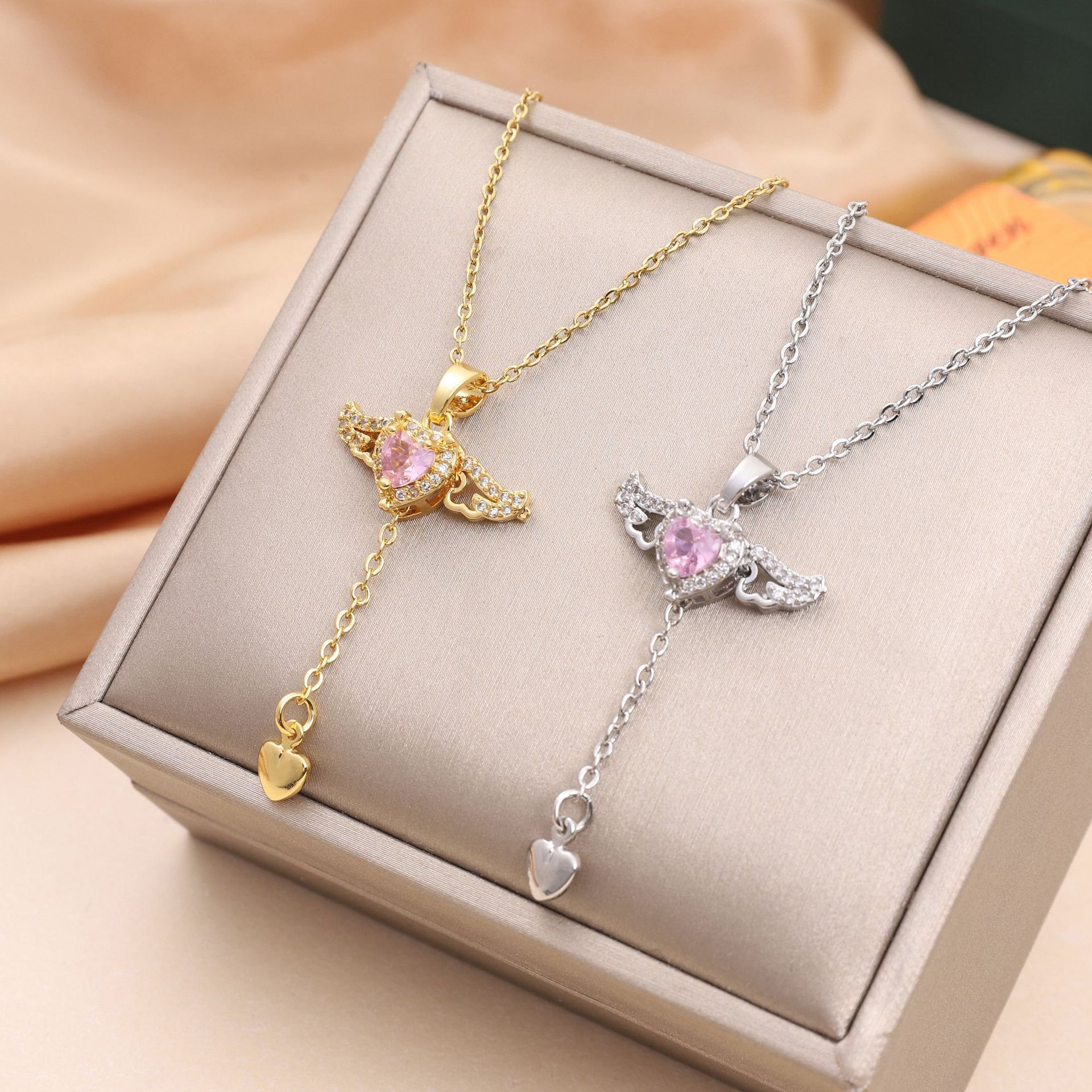 Moving Cupid Heart Angel Wings Tassel Necklace With Crystal Clavicle Chain Women Jewelry Gift Valentine's Day - Nyaabs