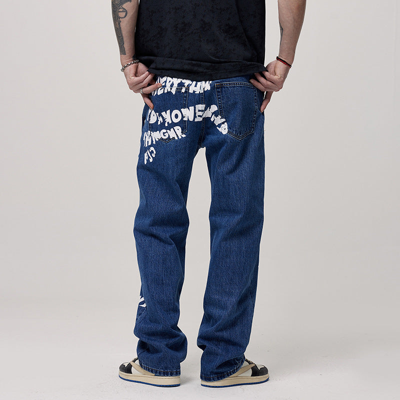 Men's Loose Blue Non-elastic Draggle-tail Straight Trousers - Nyaabs