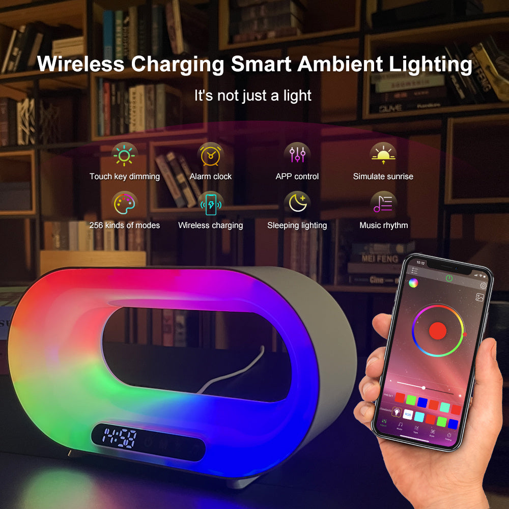 Multi-function 3 In 1 LED Night Light APP Control RGB Atmosphere Desk Lamp Smart Multifunctional Wireless Charger Alarm Clock nyaabs.com