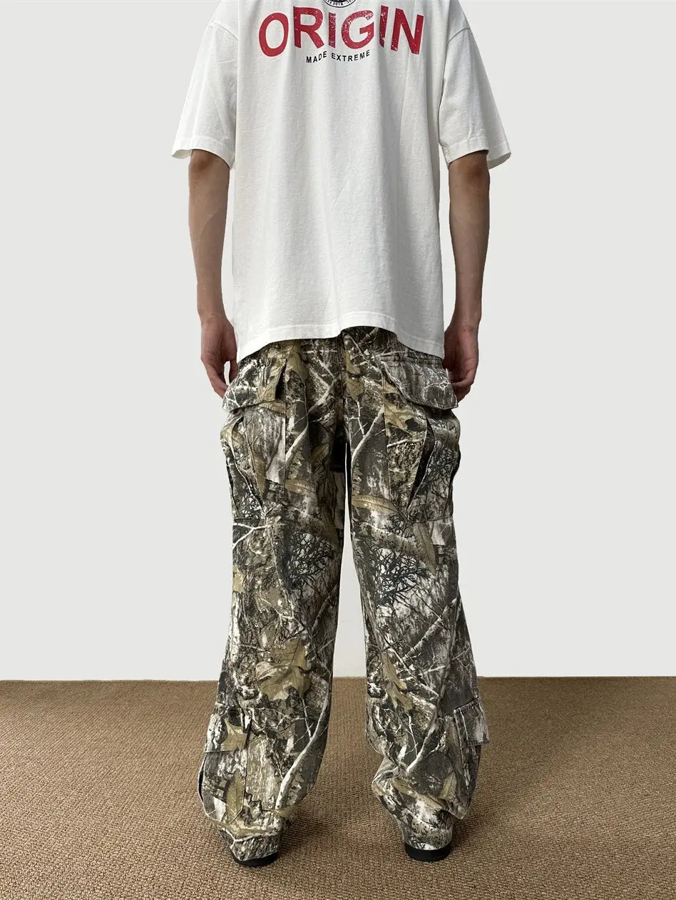 Loose Straight Tree Worn Looking Washed-out Camouflage Printed Overalls - Nyaabs