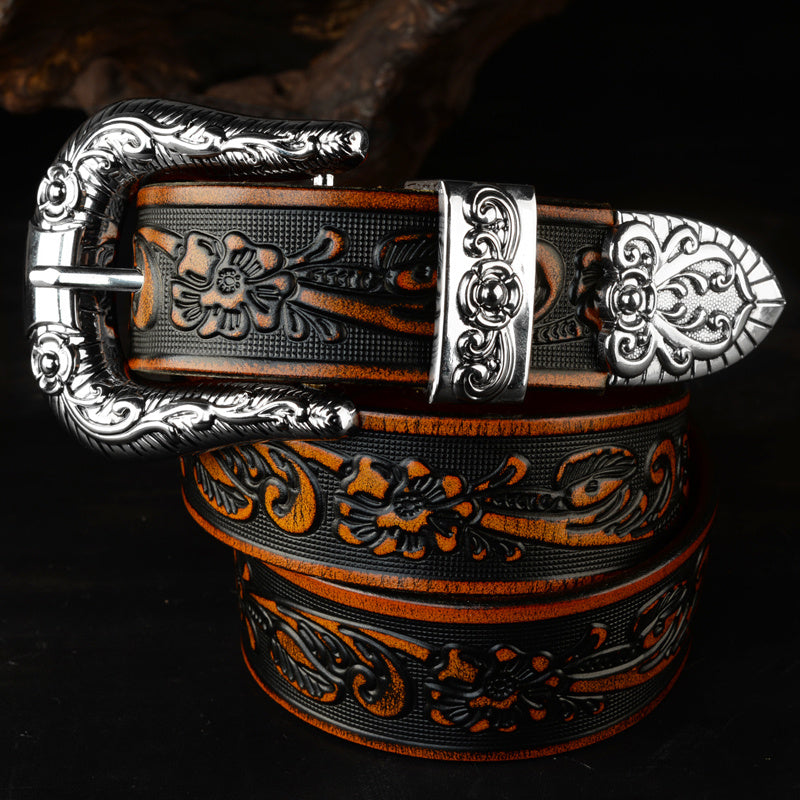 Carved Pin Buckle Leather Belt Head Layer Cowhide Embossed Belt - Nyaabs