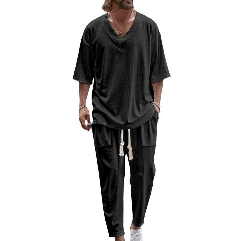 Men's Casual Solid Color Pullover V-neck Short Tube Drawstring Cufflinks Design Trousers Suit nyaabs.com