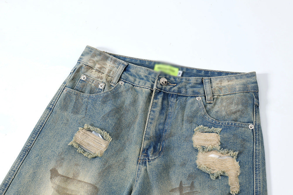 Graffiti Distressed Dirty Ripped Denim Trousers - Nyaabs