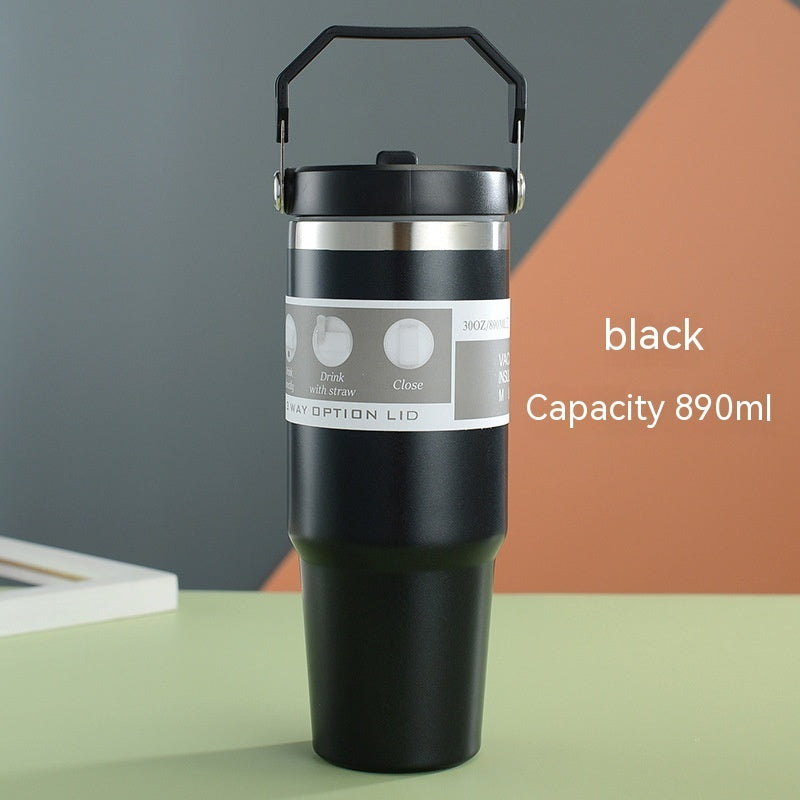 Portable Car Cup Stainless Steel Cup Travel Sports Water Bottle With Handle Cover Coffee Tumbler Cup - Nyaabs