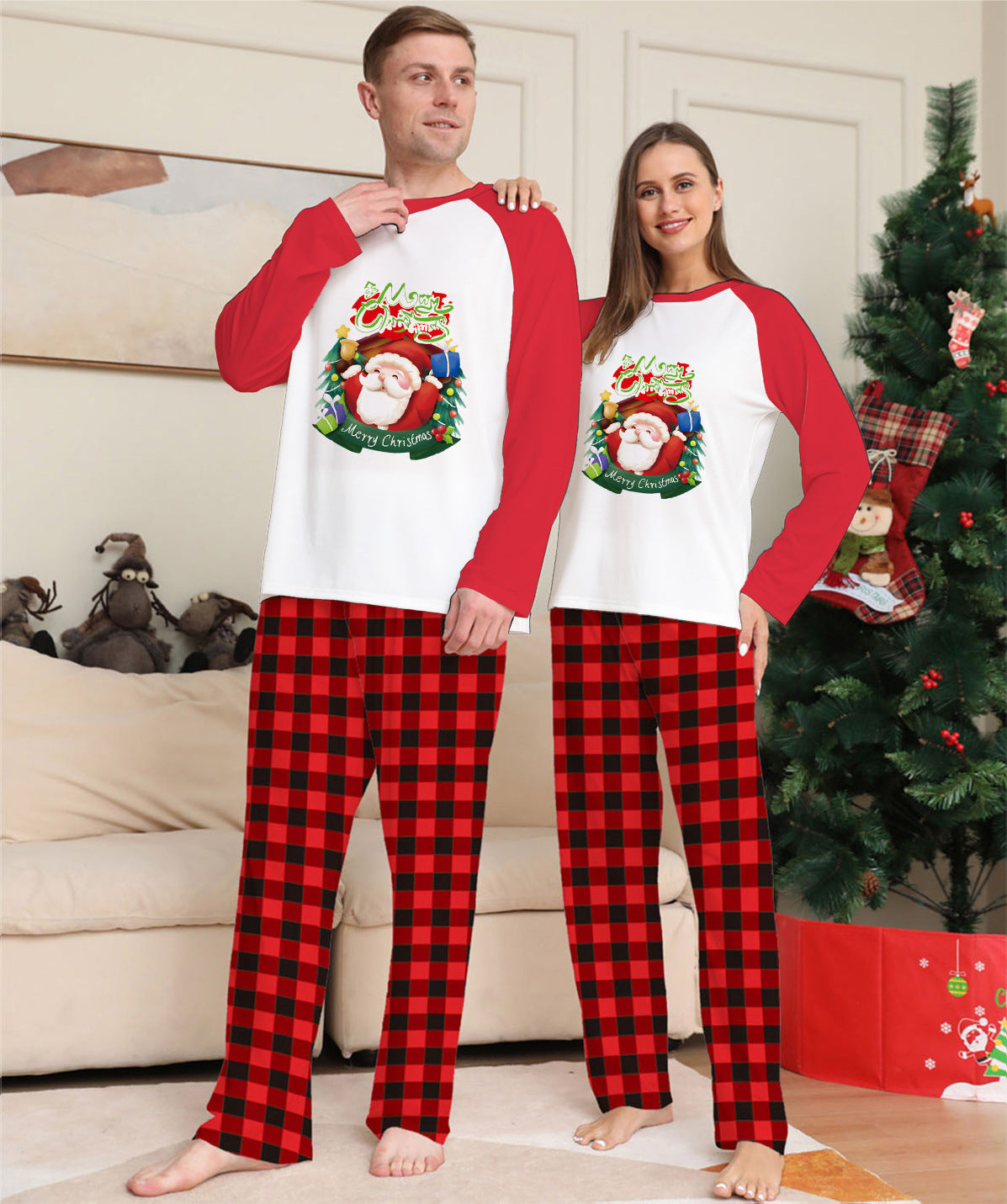 Christmas Parent-Child Clothes Set Long Sleeve T-Shirt Plaid Pants Family Matching Pajamas - Nyaabs