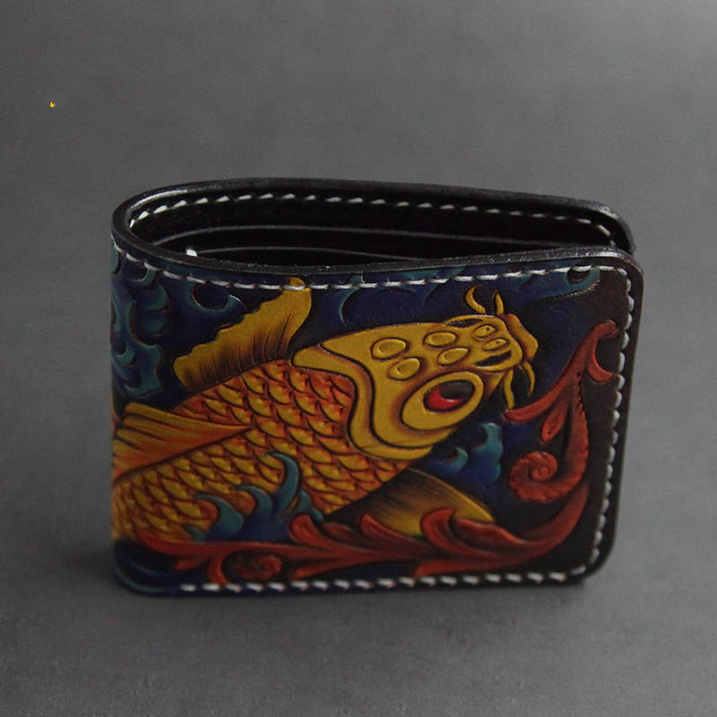 First Layer Cowhide Handmade Leather Carving Wallet Short Carp Couple Gift - Nyaabs