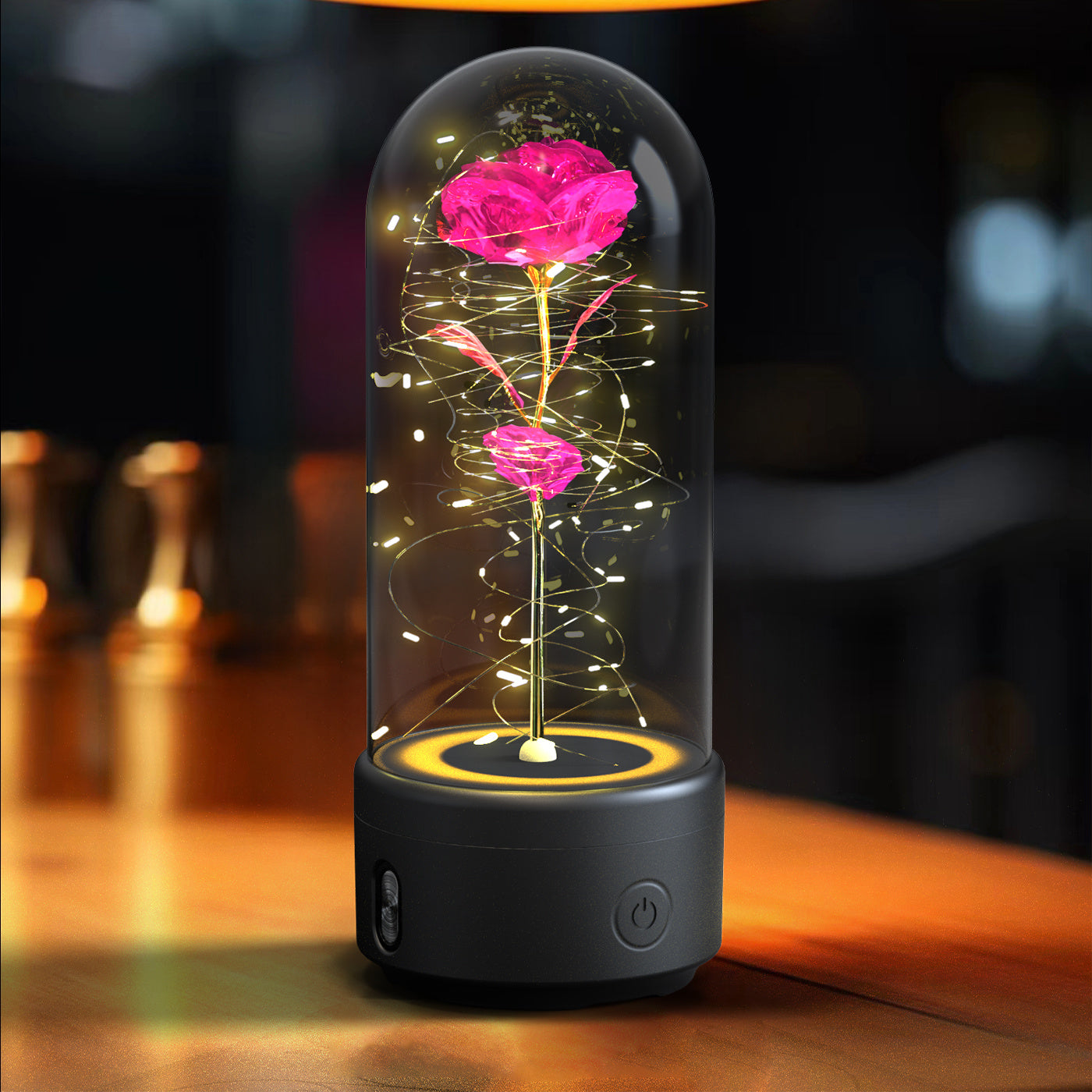 Creative 2 In 1 Rose Flowers LED Light And Bluetooth Speaker Valentine's Day Gift Rose Luminous Night Light Ornament In Glass Cover - Nyaabs