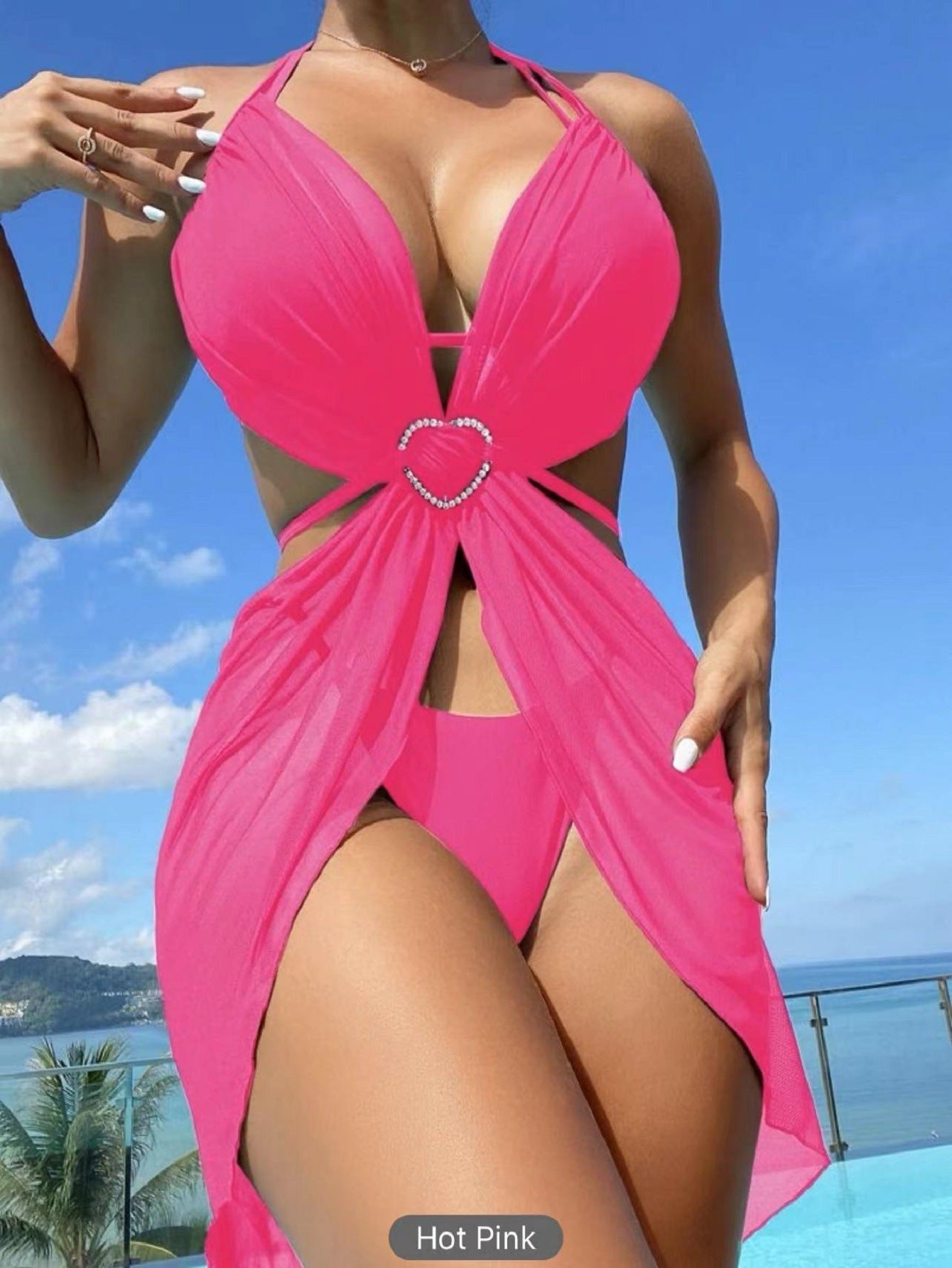 3pcs Halter Neck Bikini Beach Summer Solid Color Split Swimsuit Womens Clothing - Nyaabs