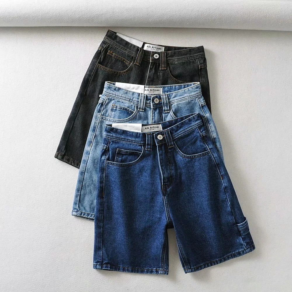 High Waist Making Legs Look Long Workwear With Pocket Denim Shorts - Nyaabs