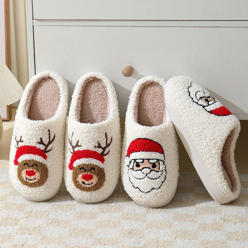 Christmas Home Slippers Cute Cartoon Santa Claus Cotton Slippers For Women And Men Couples Winter Warm Furry Shoes - Nyaabs