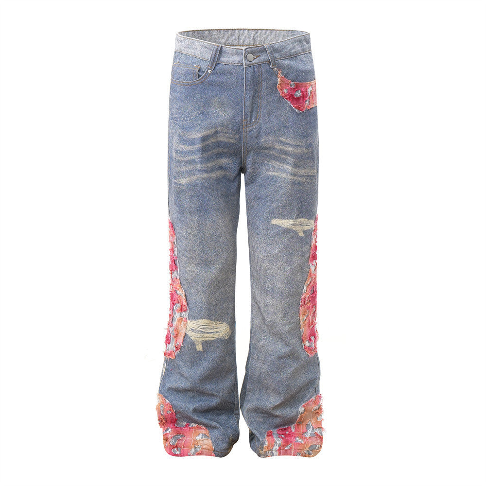 Design Color Matching Lace Denim Straight-leg Trousers Fashion - Nyaabs