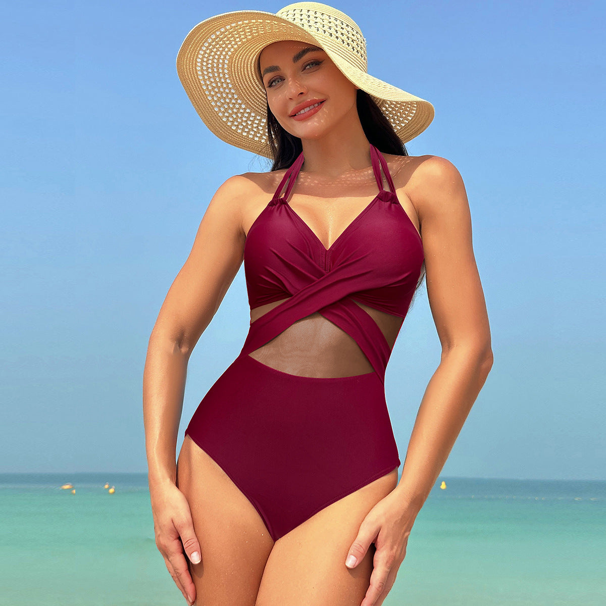 Halter-neck One-piece Swimsuit Summer Solid Color Cross-strap Design Mesh Bikini Beach Vacation Womens Clothing - Nyaabs