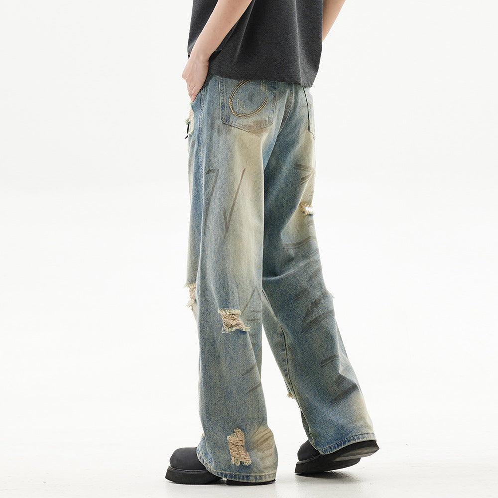 Graffiti Distressed Dirty Ripped Denim Trousers - Nyaabs