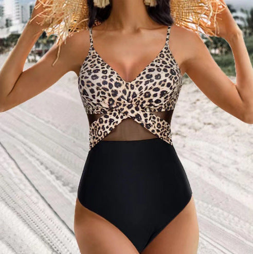 Halter-neck One-piece Swimsuit Summer Solid Color Cross-strap Design Mesh Bikini Beach Vacation Womens Clothing - Nyaabs