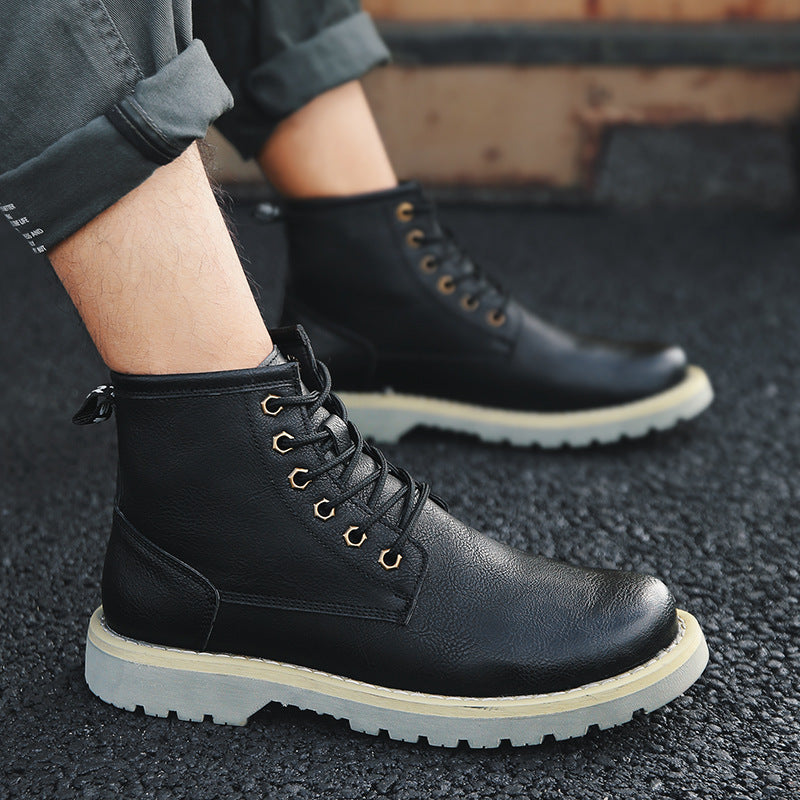 Men's Boots Korean Style Wild High-top Winter Plus Fleece Tooling Boots Trendy Shoes - Nyaabs