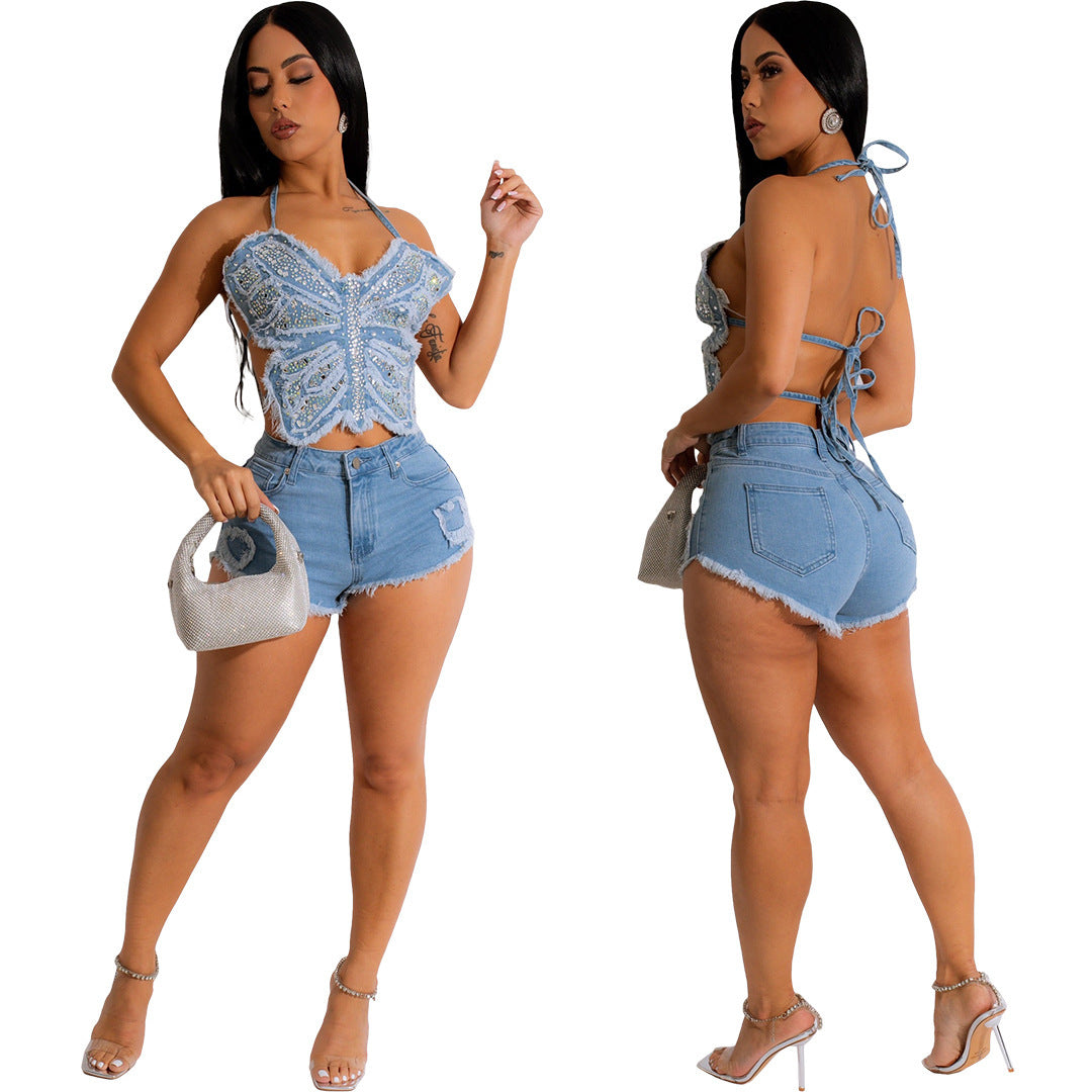 Summer New Denim Rhinestone Butterfly Strap Washing Irregular Suit - Nyaabs