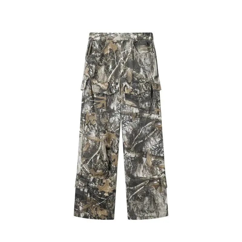 Loose Straight Tree Worn Looking Washed-out Camouflage Printed Overalls - Nyaabs