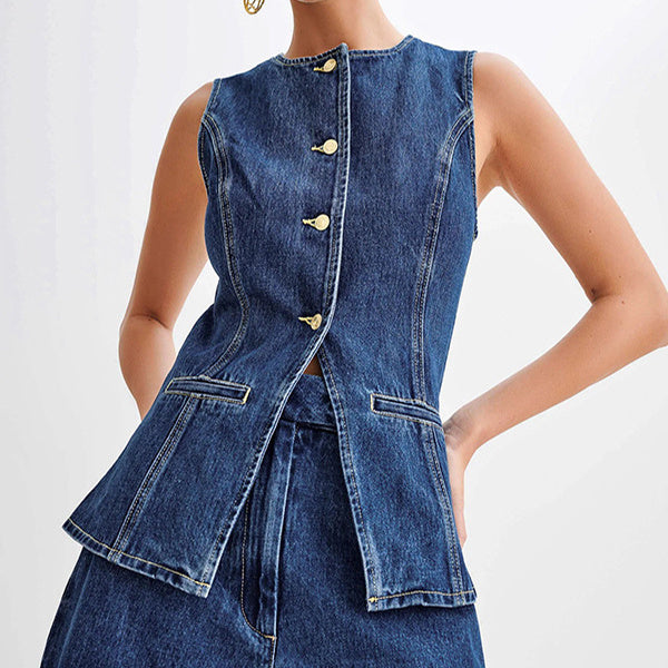 Fashion Denim Suit Summer Casual Sleeveless Button Vest Top And High Waist Shorts Set For Womens Clothing - Nyaabs