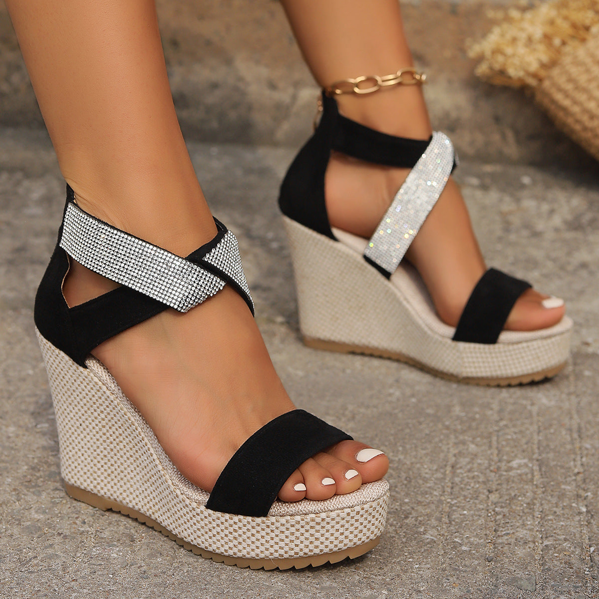 Fish Mouth High Wedges Sandals With Rhinestone Design Fashion Summer Platform Shoes For Women - Nyaabs